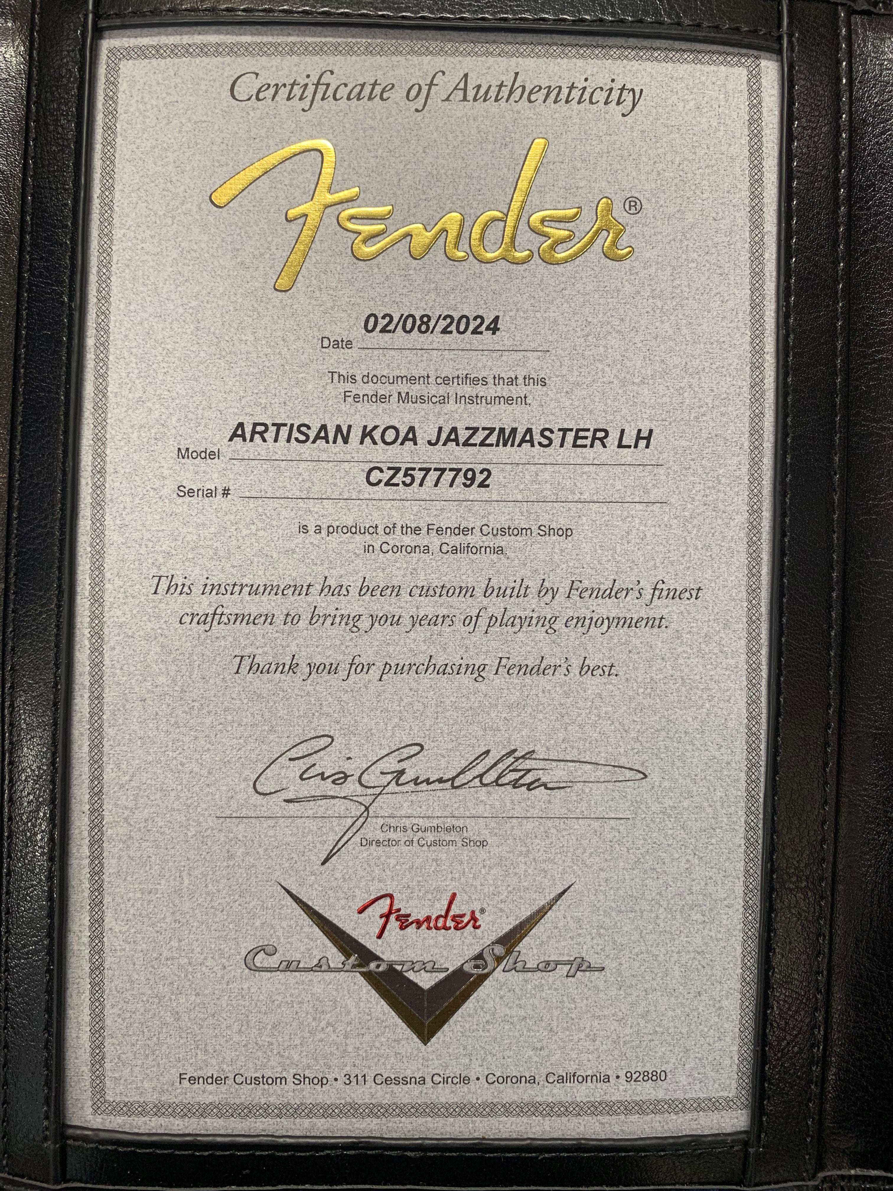 Fender Custom Shop Left Handed 62 Jazzmaster Artisan KOA NOS Aged Natural 9231013223 SERIAL NUMBER CZ577792 8.6 LBS