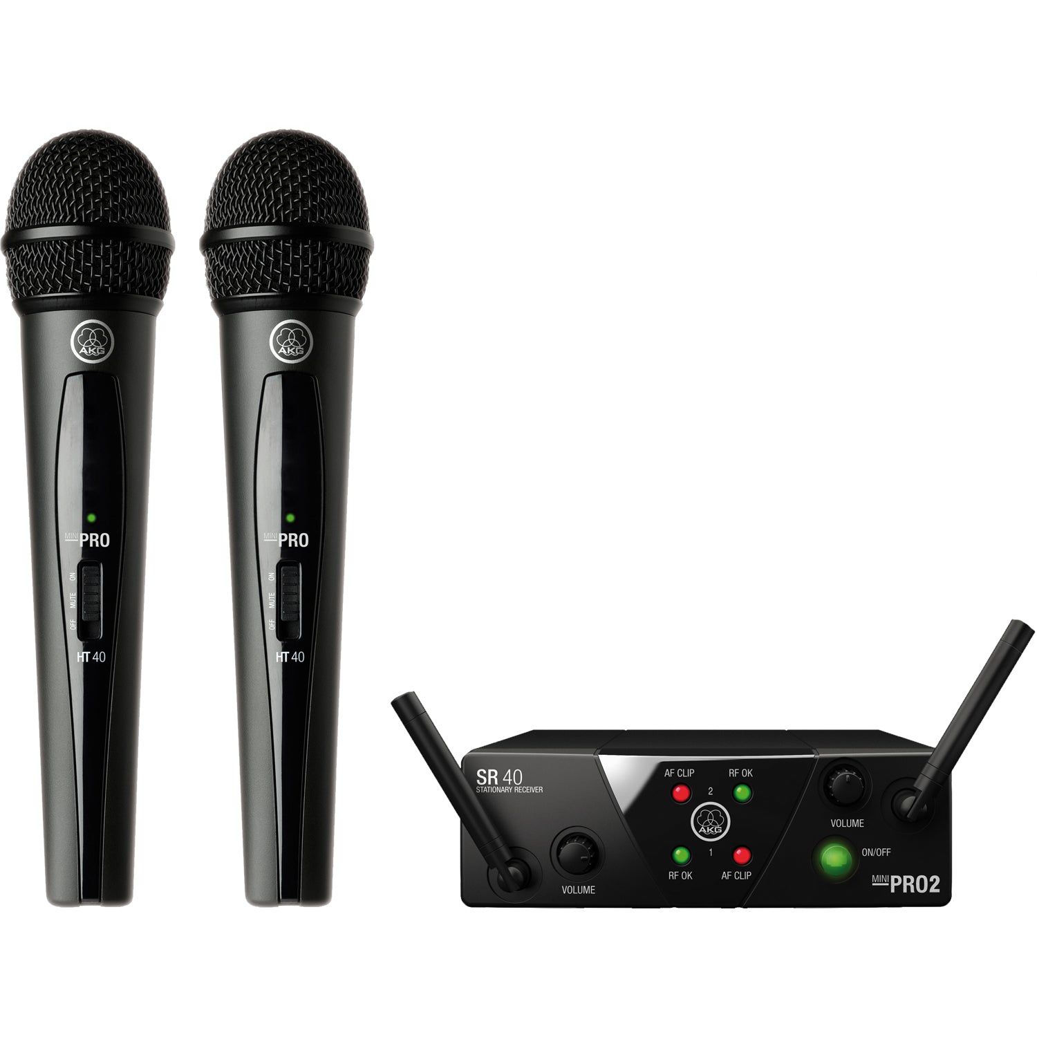 AKG Wireless Mini Wireless Handheld Microphone System with SR40 Mini Dual, and 2xHT40 (537.500MHz-539.30 Item ID: WMS40MINI2-VOCAL-SET25A