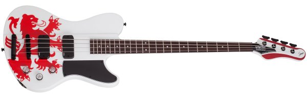 Schecter Simon Gallup Ultra Spitfire Electric Bass, Gloss White with Red Lion graphic 2254-SHC