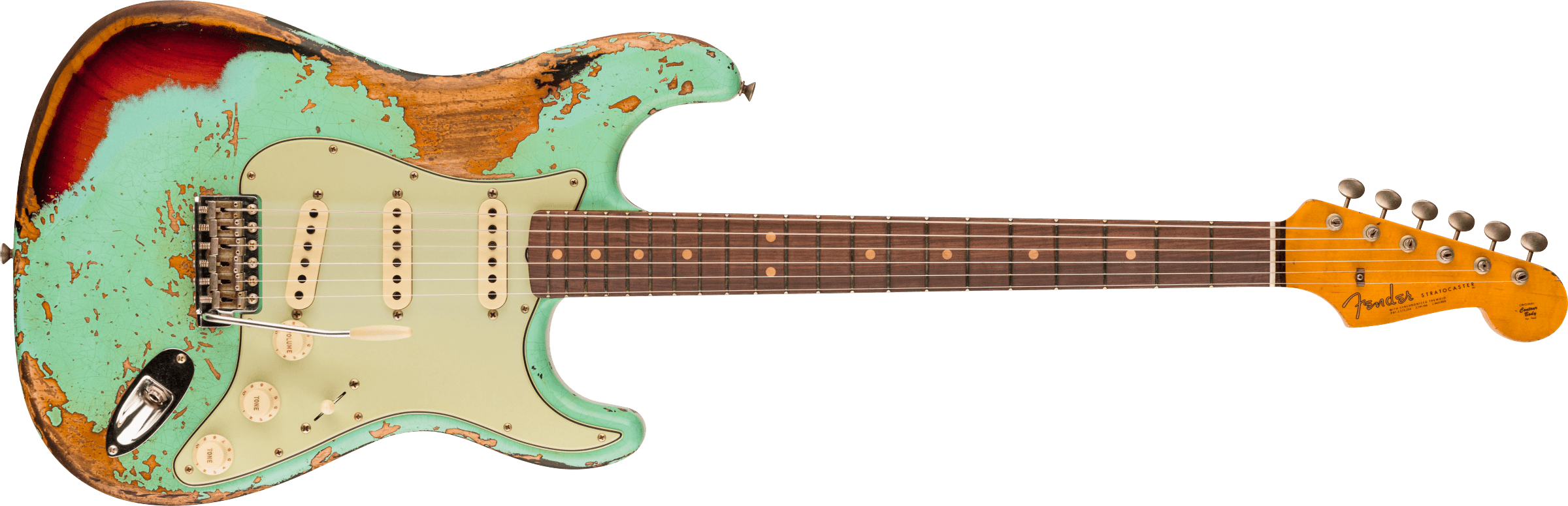 Fender Custom Shop 1963 Stratocaster Super Heavy Relic 3A Rosewood Fingerboard, Super Faded Aged Surf Green over 3-Color Sunburst 9236091095