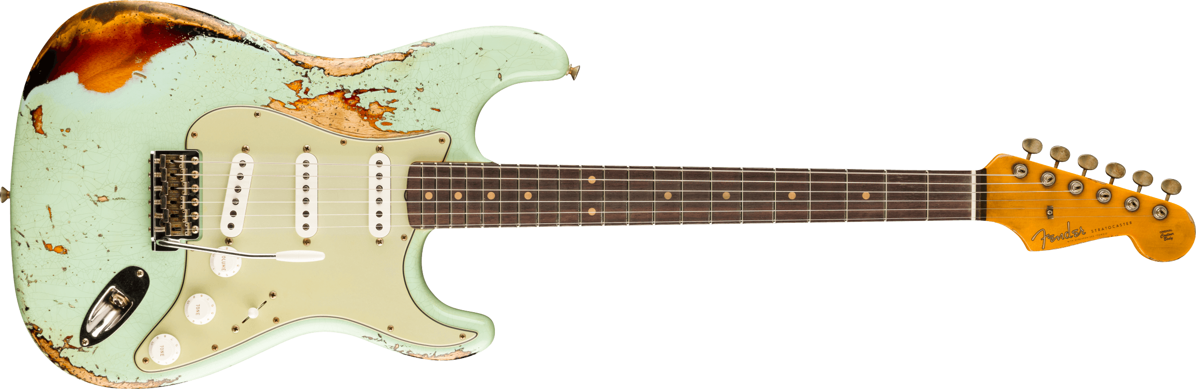 FENDER USA CUSTOM SHOP 1961 Stratocaster Super Heavy Relic, 3A Rosewood Fingerboard, Aged Surf Green over 3-Color Sunburst 9231016779 SERIAL NUMBER CZ590492 - 7 LBS 6 OZ
