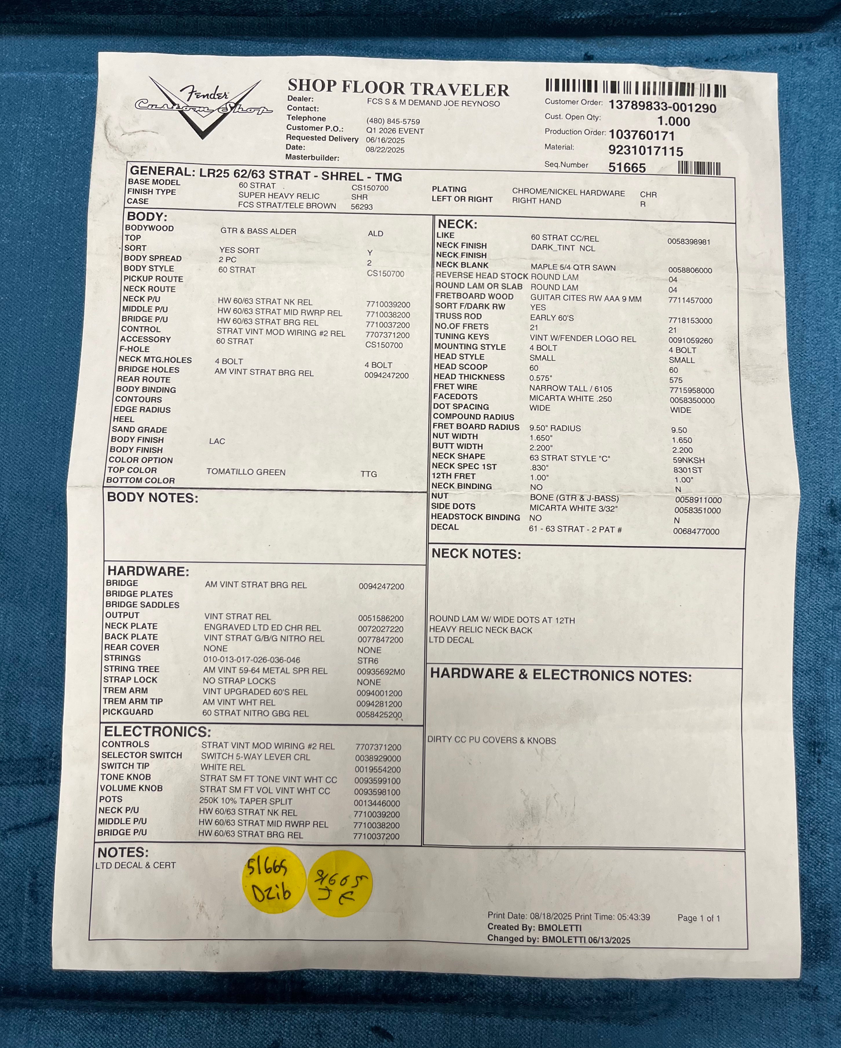 Fender USA Custom Shop Special Run 62/63 Stratocaster Super Heavy Relic Tomatillo Green 9231017115 SERIAL NUMBER CZ585946 - 7 LBS 14 OZ