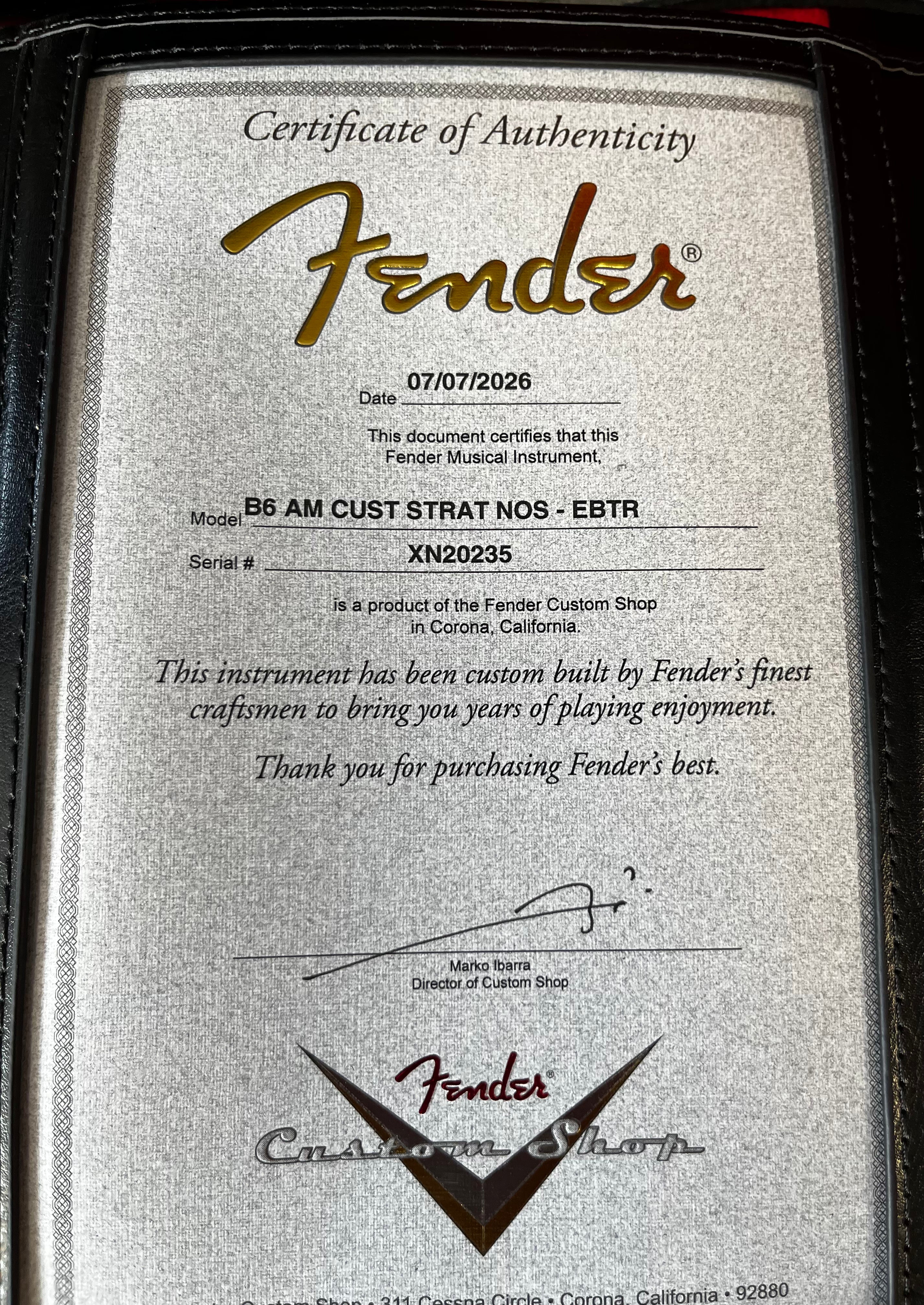 Fender USA Custom Shop American Custom Stratocaster NOS - Transparent Ebony 9235700261 SERIAL NUMBER 20235 - 7 LBS 9 OZ
