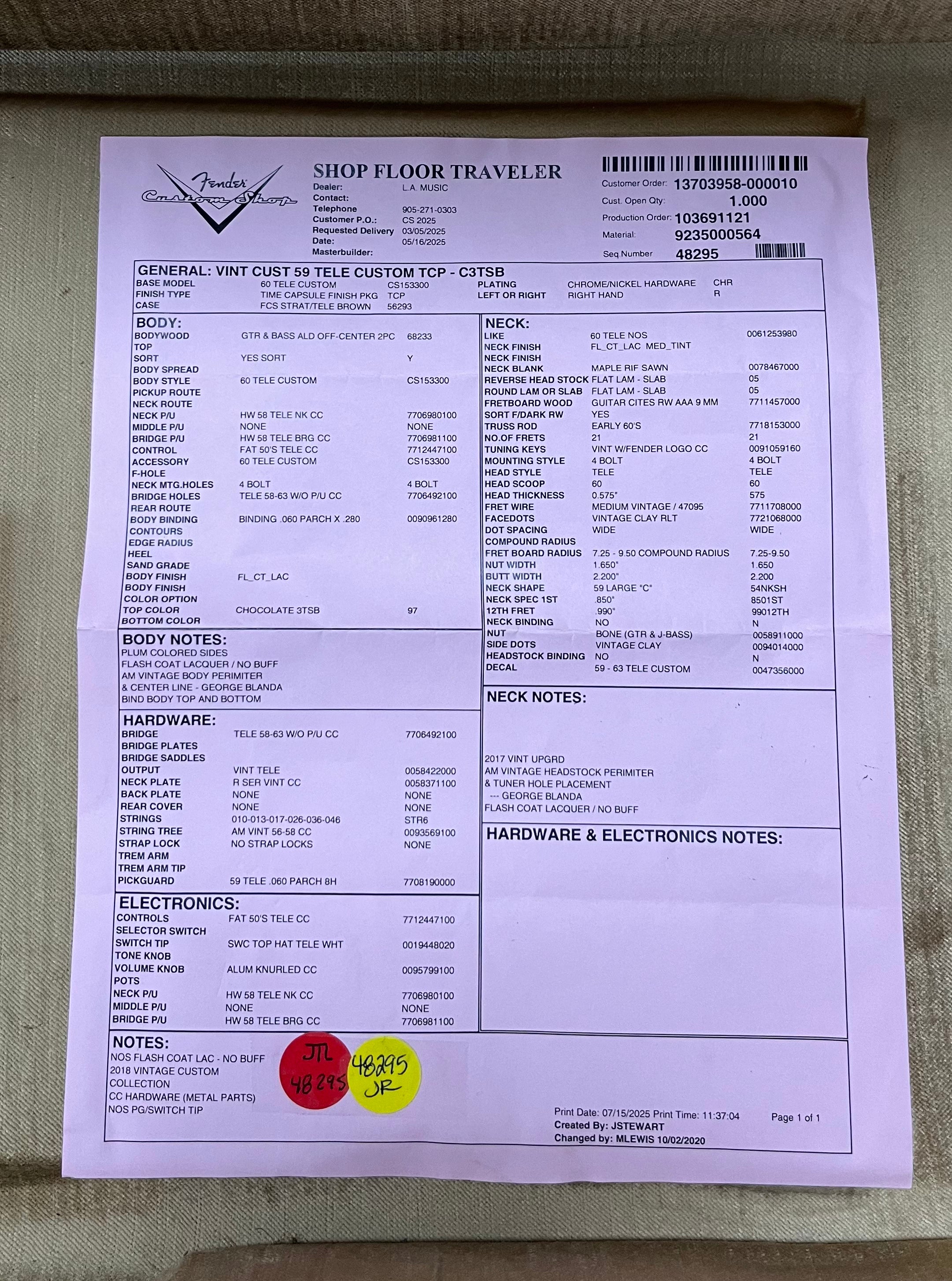 FENDER CUSTOM SHOP Vintage Custom 1959 Telecaster Custom NOS, Rosewood Fingerboard, Chocolate 3-Color Sunburst 9235000564 SERIAL NUMBER R146546 - 7.4 LBS