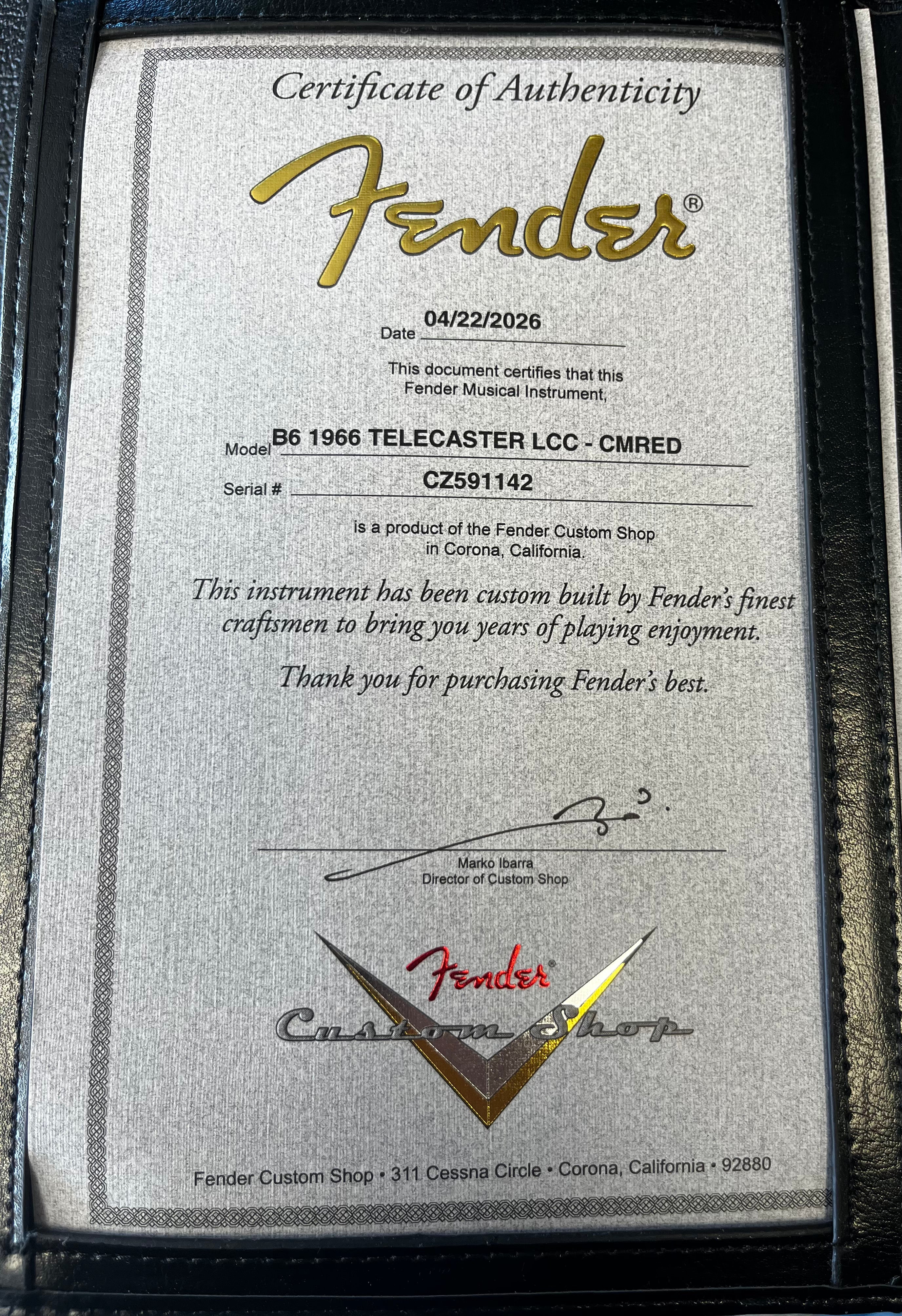 FENDER USA CUSTOM SHOP 1966 Telecaster DELUXE Closet Classic Cimarron Red 9235700219 SERIAL NUMBER CZ591142 - 7 LBS 10 OZ