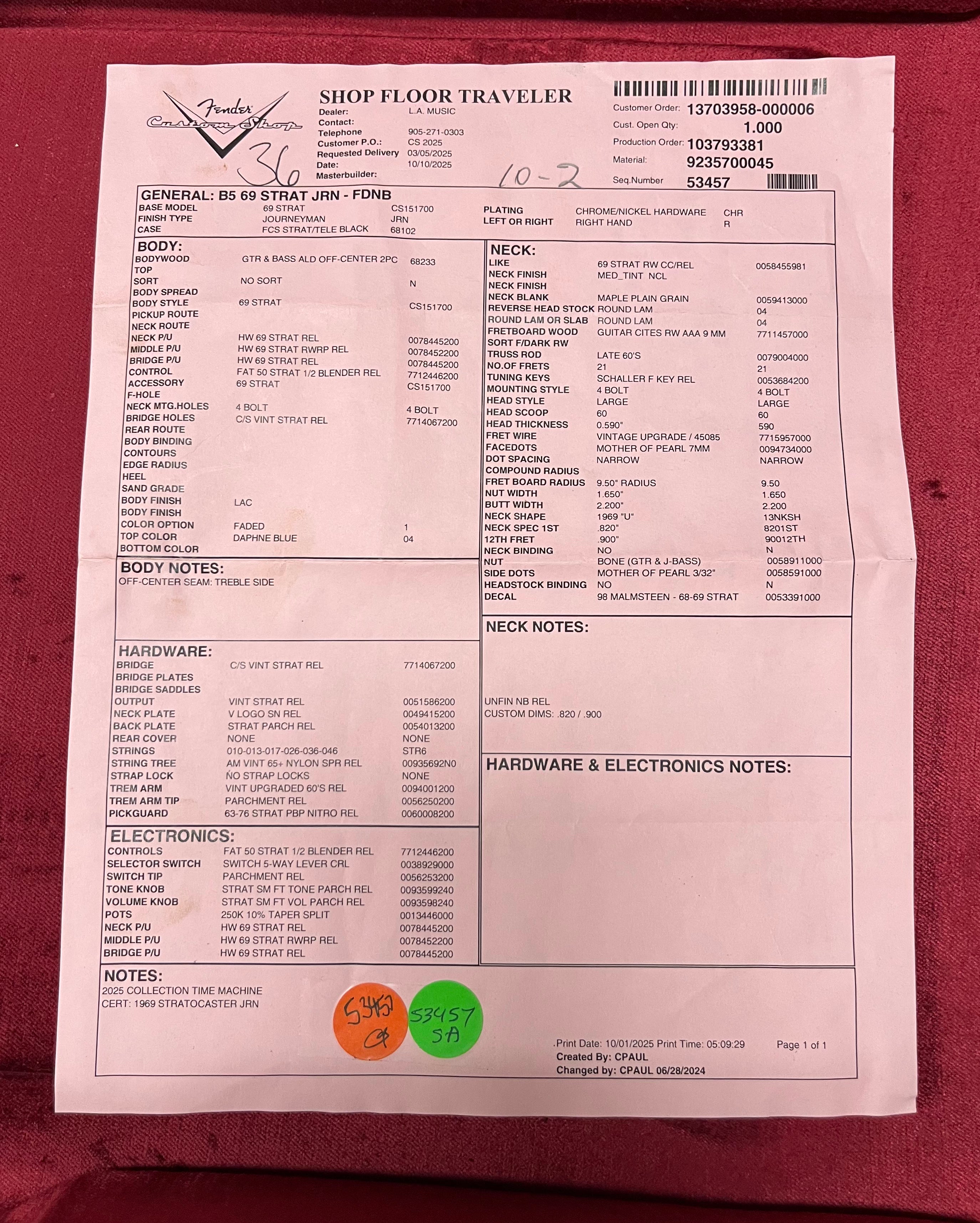 Fender Custom Shop 1969 Stratocaster Journeyman Relic Rosewood Fingerboard, Faded Daphne Blue 9235700045 SERIAL NUMBER CZ588780 - 7 LBS 11 OZ