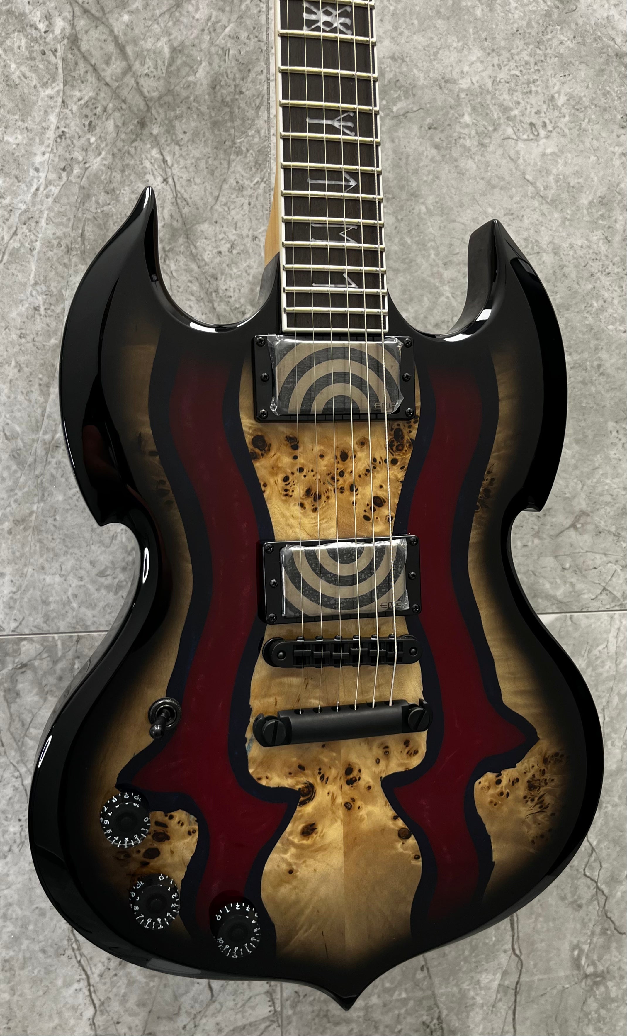 WYLDE AUDIO LEFT HANDED BARBARIAN SPECIAL EDITION BLOOD RIVER BURL LH 4594-SHC SERIAL NUMBER WA26040164 - 8 LBS 13 OZ