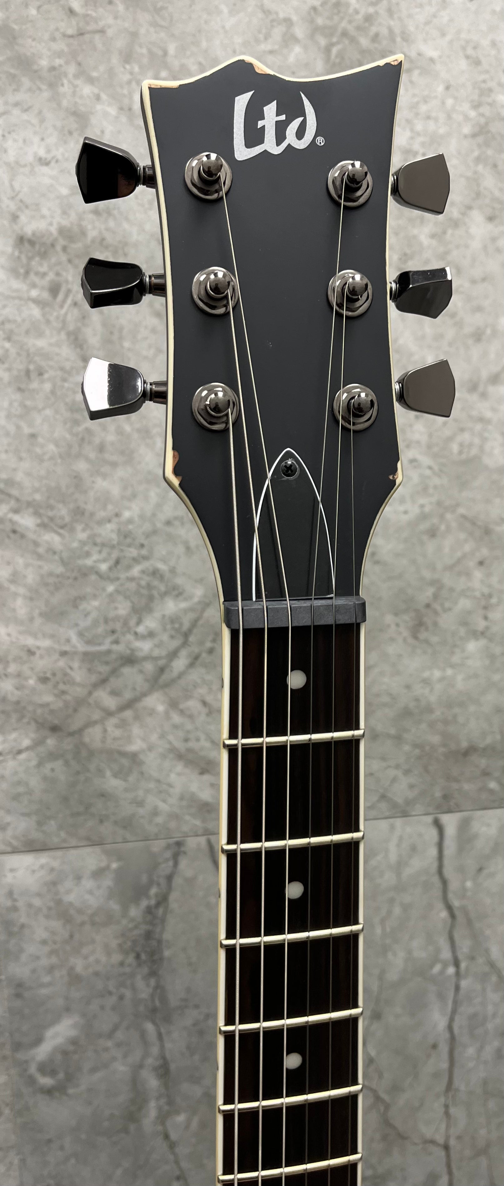 ESP LTD Volsung Lars Frederiksen Electric Guitar, Distressed Black Satin LVOLSUNGDBLKSE SERIAL NUMBER W23071042 - 7.4 LBS