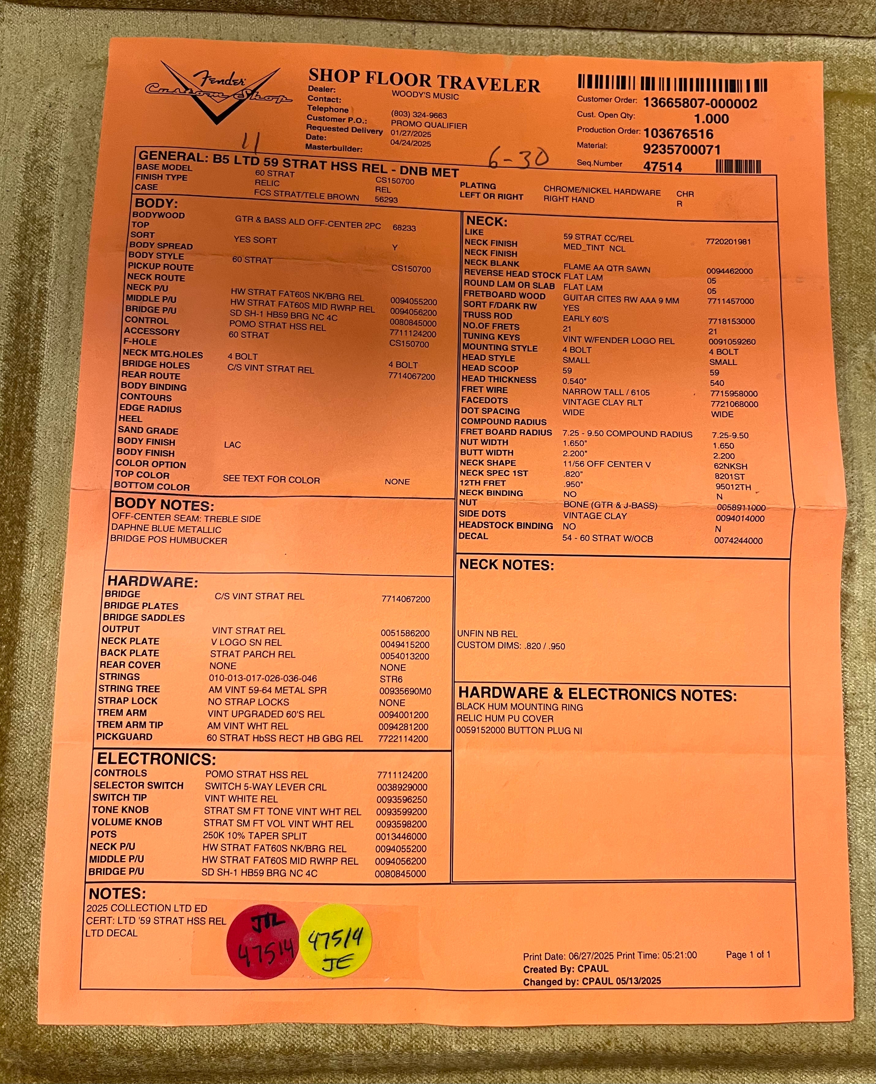 FENDER CUSTOM SHOP Limited Edition 59 Stratocaster HSS Relic Rosewood Fingerboard, Daphne Blue Metallic 9235700071 SERIAL NUMBER CZ587410 - 7.6 LBS