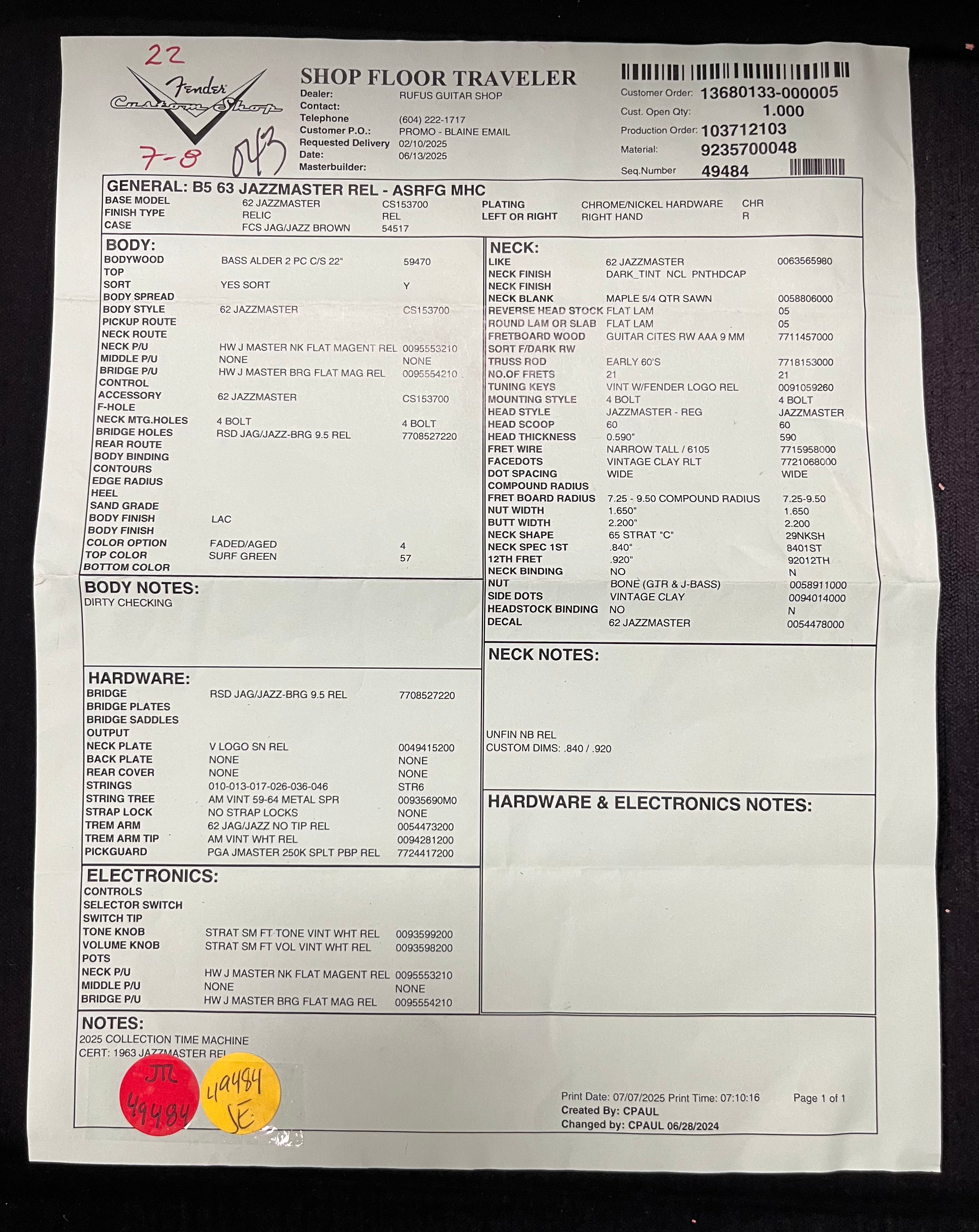 Fender Custom Shop 1963 Jazzmaster Relic Rosewood Fingerboard Aged Surf Green 9235700048 SERIAL NUMBER CZ587266 - 8 LBS 5 OZ