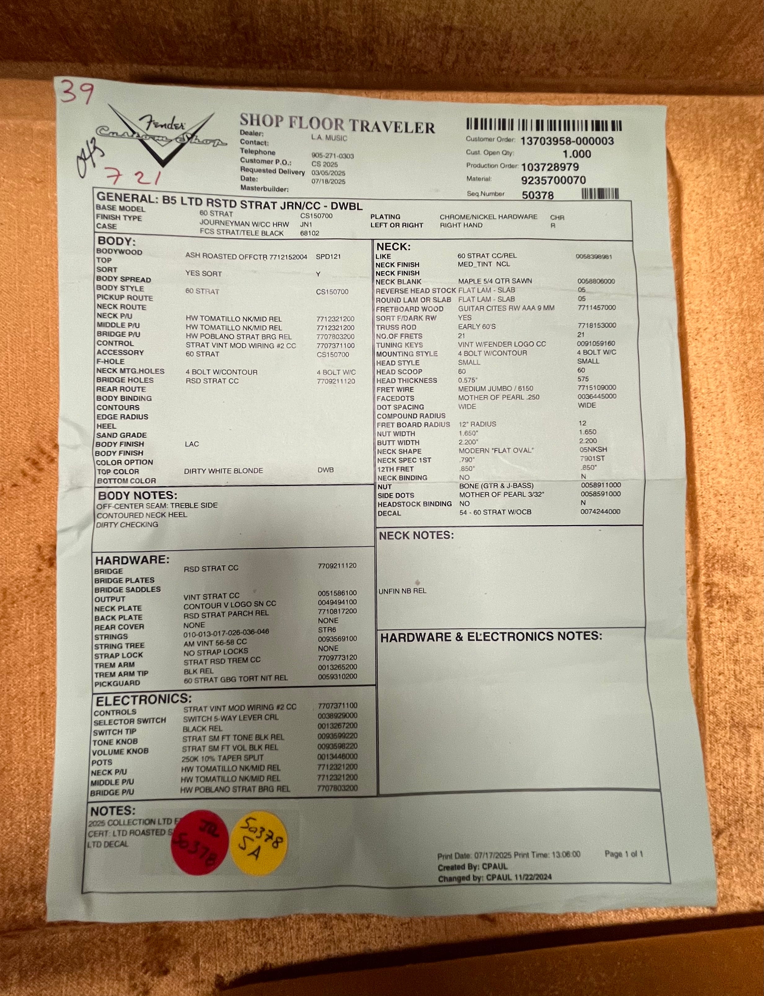 Fender USA Custom Shop Limited Edition Roasted Stratocaster Journeyman Relic with Closet Classic Hardware, Rosewood Fingerboard, Dirty White Blonde 9235700070 SERIAL NUMBER 18639 - 7.0 LBS