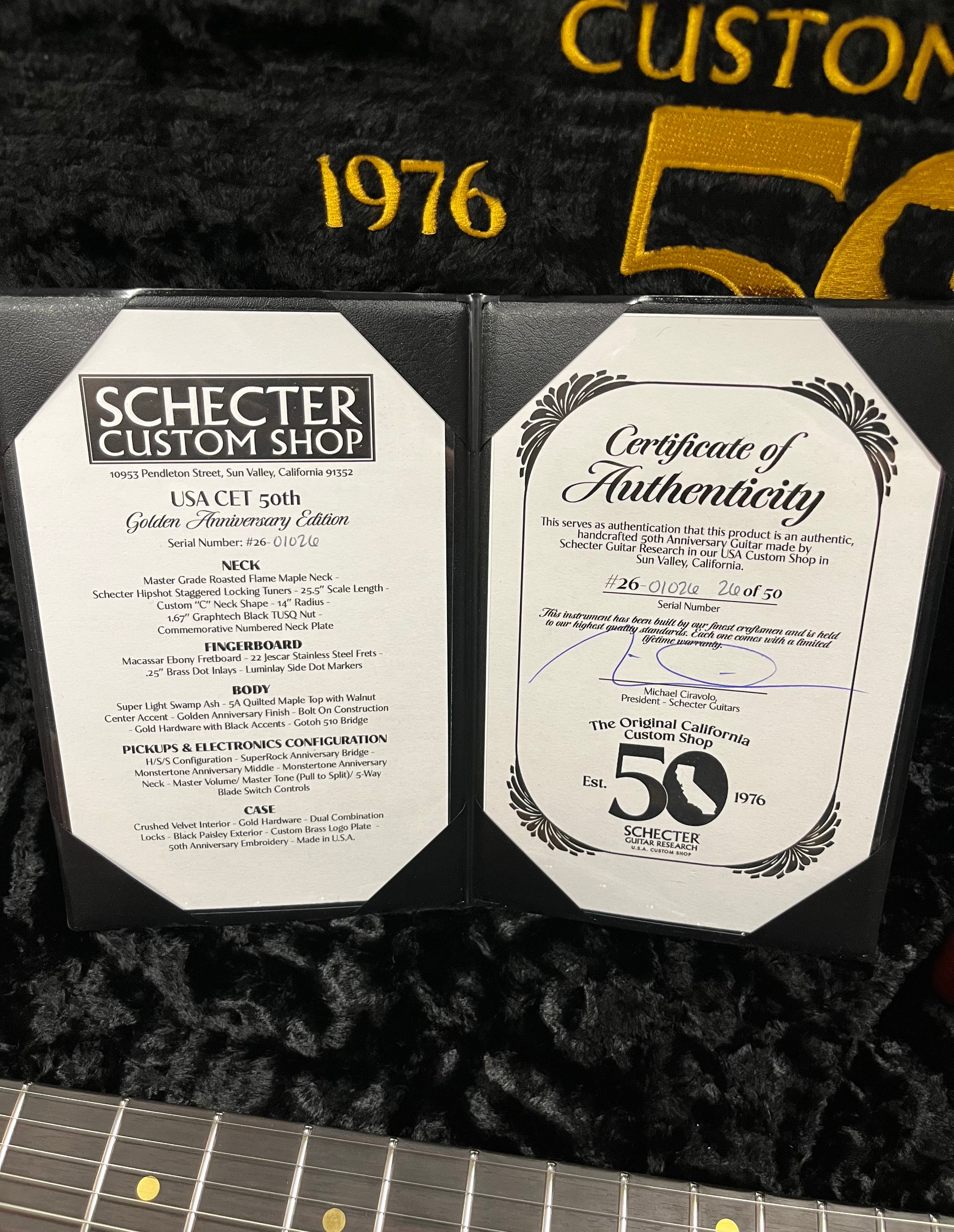 Schecter USA CUSTOM SHOP CET 50th Anniversary Limited Edition Golden Anniversary 7400-SHC SERIAL NUMBER 26-01026 - 8 LBS 6 OZ NUMBER 26 OUT OF 50