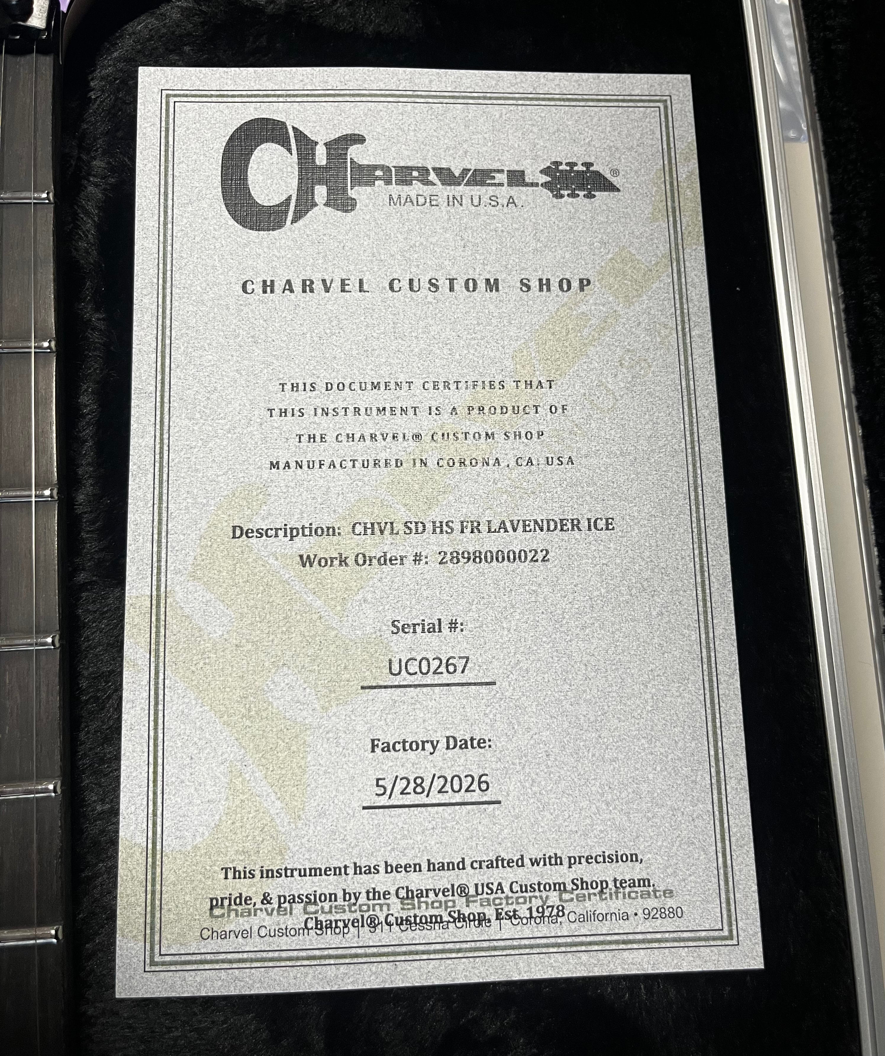 Charvel USA Custom Shop San Dimas HS FR - Lavender Ice with Ebony Fingerboard 2898000022 SERIAL NUMBER UC0267 - 8 LBS 7 OZ