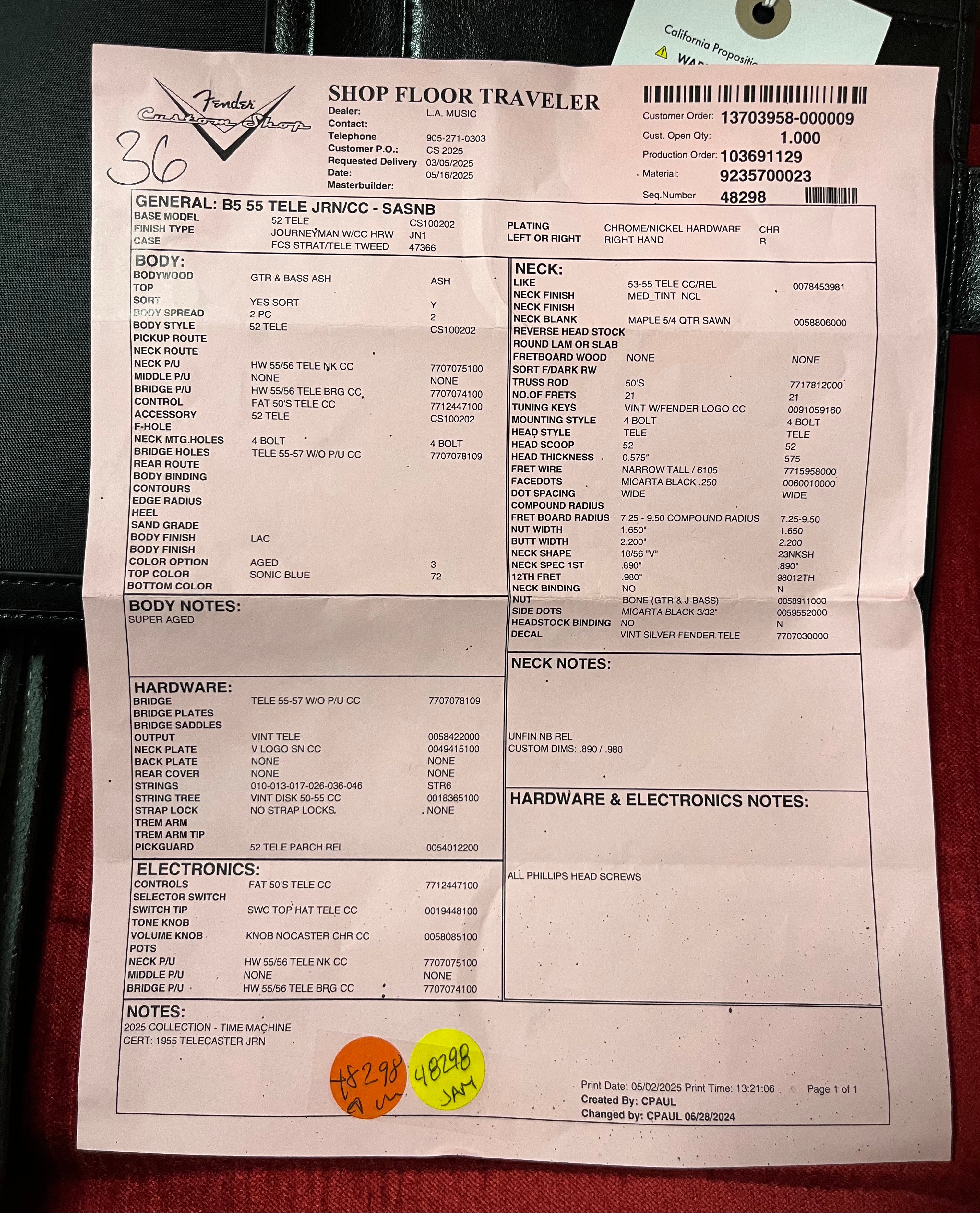 Fender USA Custom Shop 1955 Telecaster Journeyman Relic with Closet Classic Hardware, 1-Piece Quartersawn Maple Neck, Super Aged Sonic Blue 9235700023 SERIAL NUMBER CZ584952 - 7.0 LBS