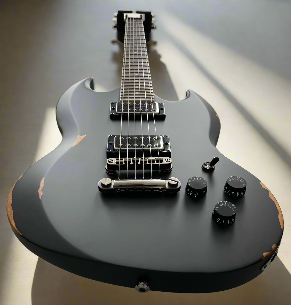 ESP LTD Volsung Lars Frederiksen Electric Guitar, Distressed Black Satin LVOLSUNGDBLKSE SERIAL NUMBER W23071042 - 7.4 LBS