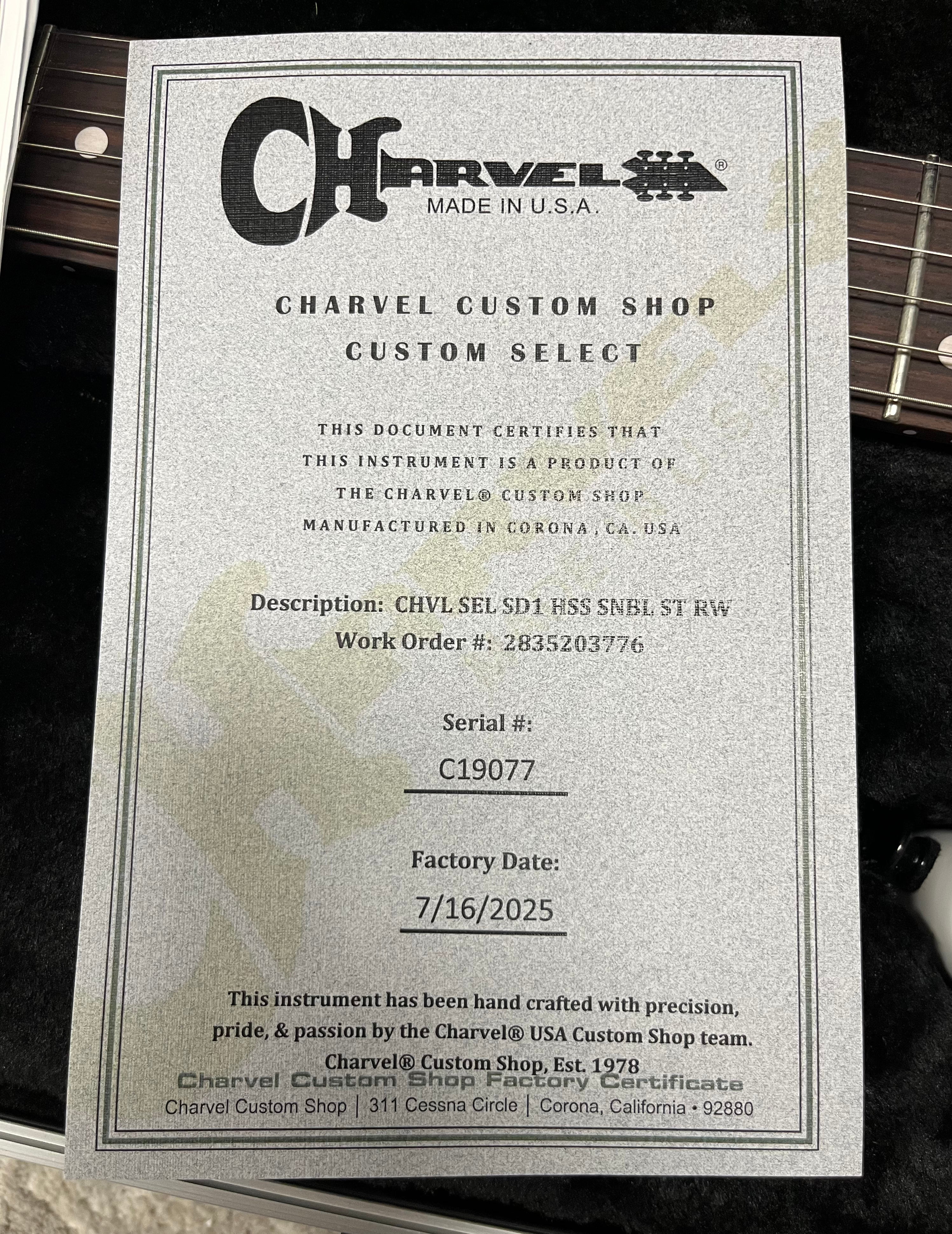 Charvel USA CUSTOM SHOP Custom Select San Dimas SD1 HSS SNOW BLIND SATIN 2835203776 SERIAL NUMBER 19077 - 8.0 LBS