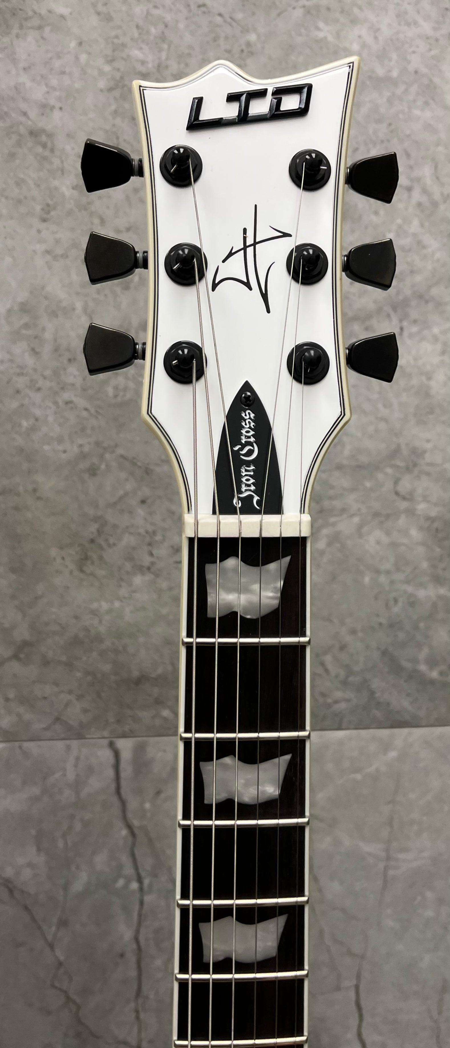 ESP LTD James Hetfield Iron Cross Electric Guitar Snow White with Stripes Graphic LIRONCROSSSW