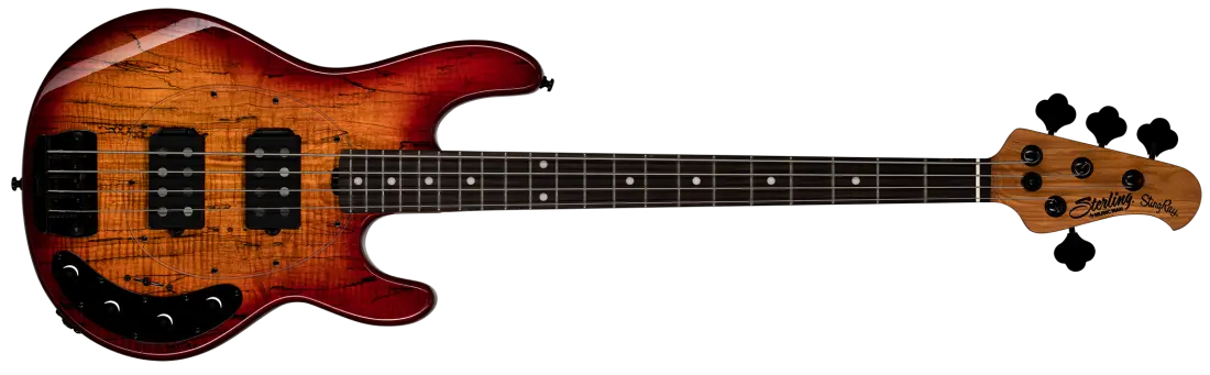 Sterling by Music Man StingRay RAY34 HH with Spalted Maple Top Electric Bass - Blood Orange Burst STRAY34HSMBOBR2