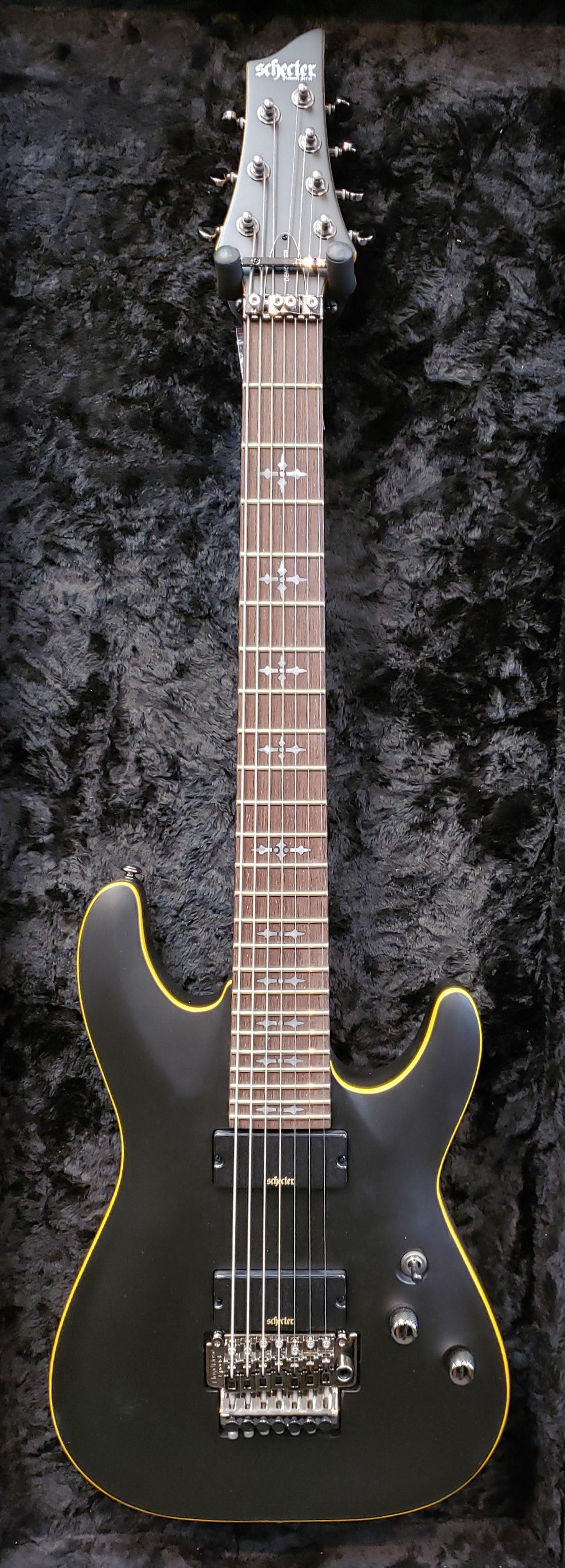 Schecter DEMON-7-FR-SBK 7 string Satin Black Guitar with Duncan Designed HB-105 3214-SHC