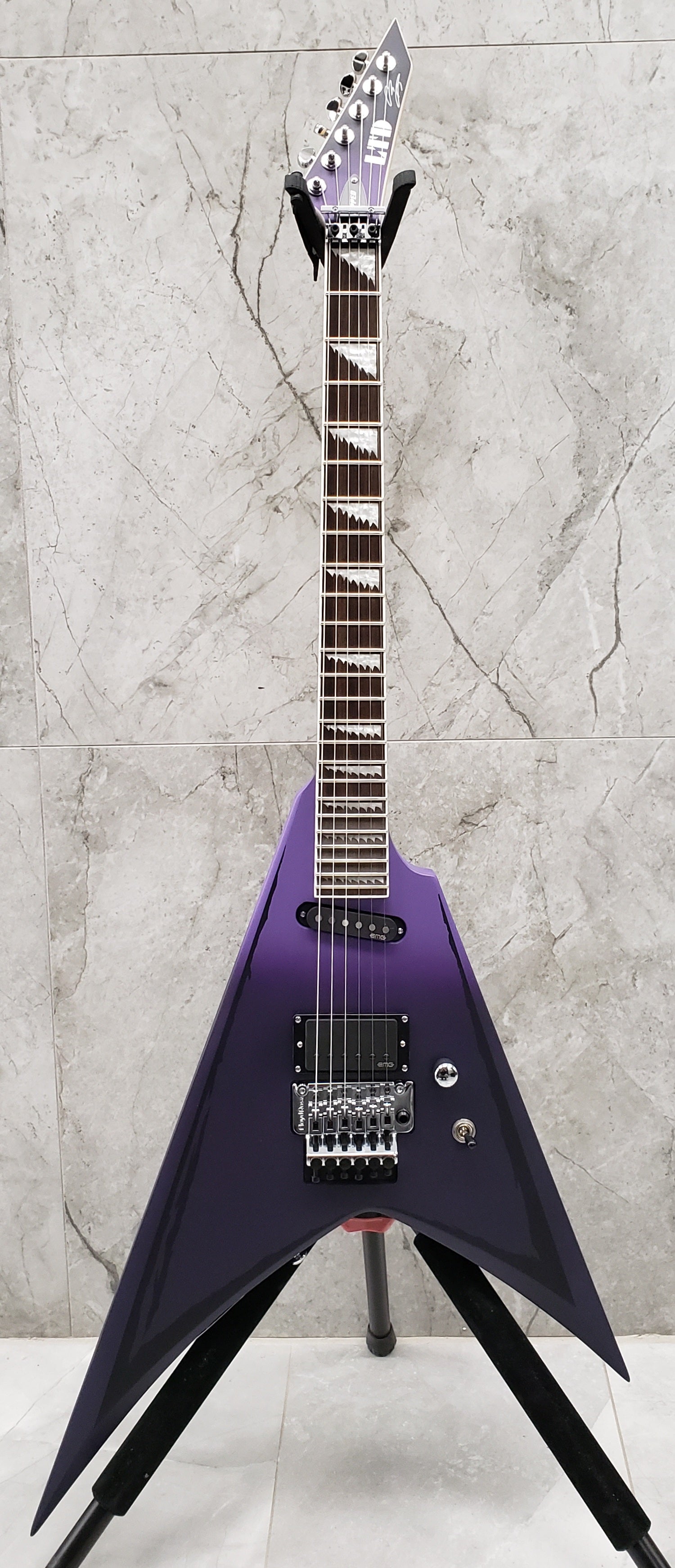 ESP LTD ALEXI RIPPED PURPLE FADE SATIN W/ RIPPED PINSTRIPES LALEXIRIPPED