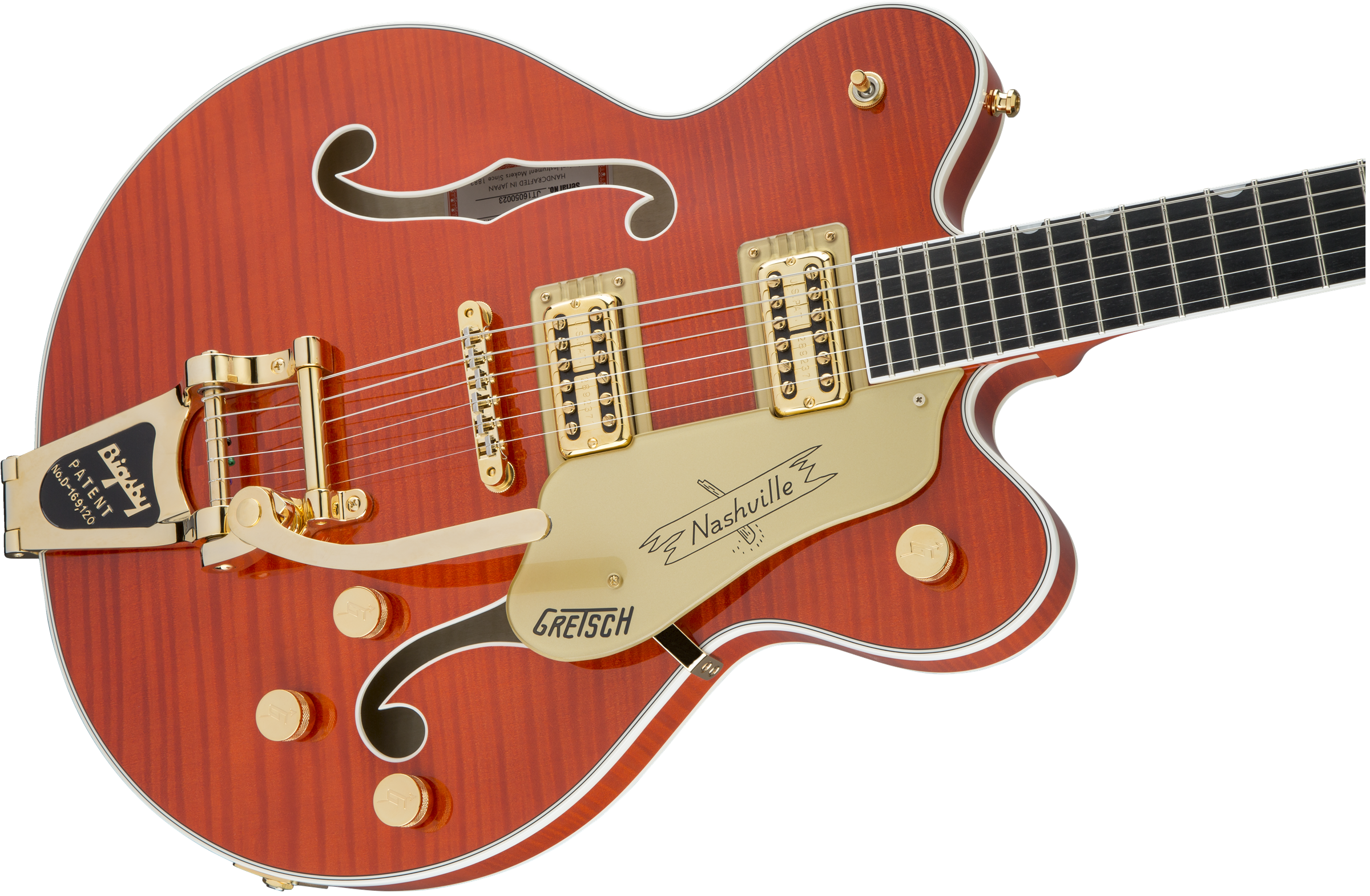 Gretsch G6620TFM Players Edition Nashville Center Block Double-Cut with String-Thru Bigsby FilterTron Pickups, Tiger Flame Maple, Orange Stain