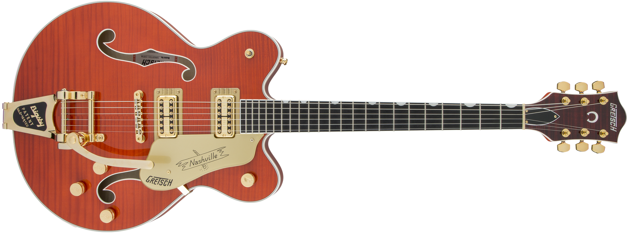 Gretsch G6620TFM Players Edition Nashville Center Block Double-Cut with String-Thru Bigsby FilterTron Pickups, Tiger Flame Maple, Orange Stain