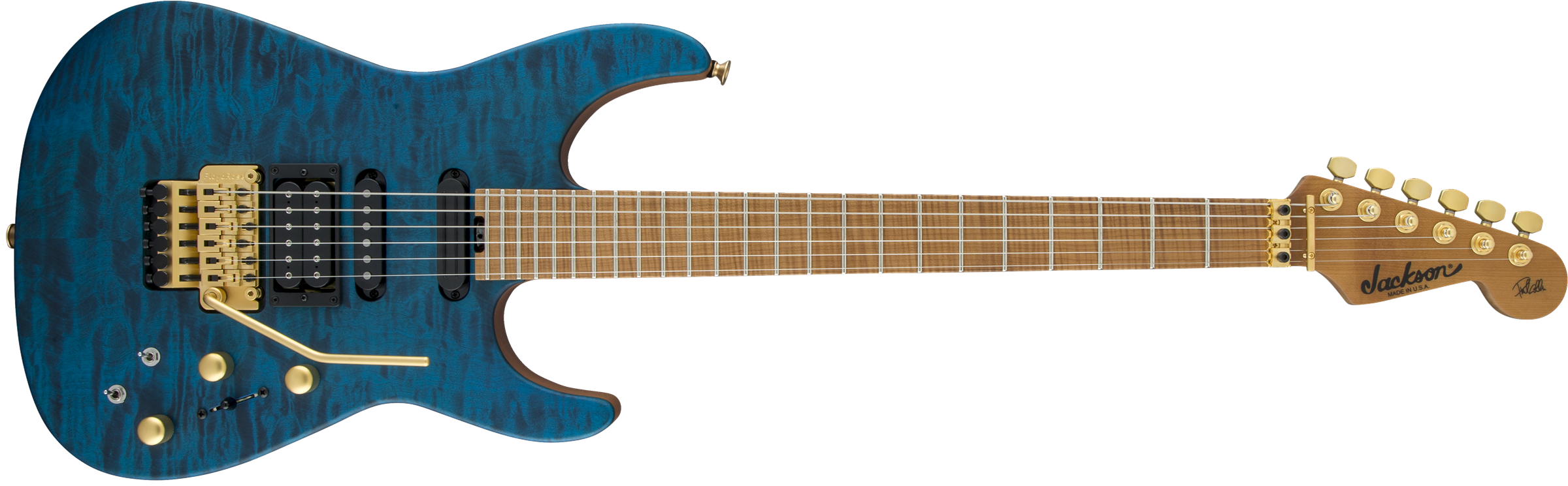 Jackson USA Custom Shop Signature Phil Collen PC1 Satin Stain Caramelized Flame Maple Fingerboard Satin Transparent Blue 2803152874 SERIAL NUMBER 13557 - 8.2 LBS