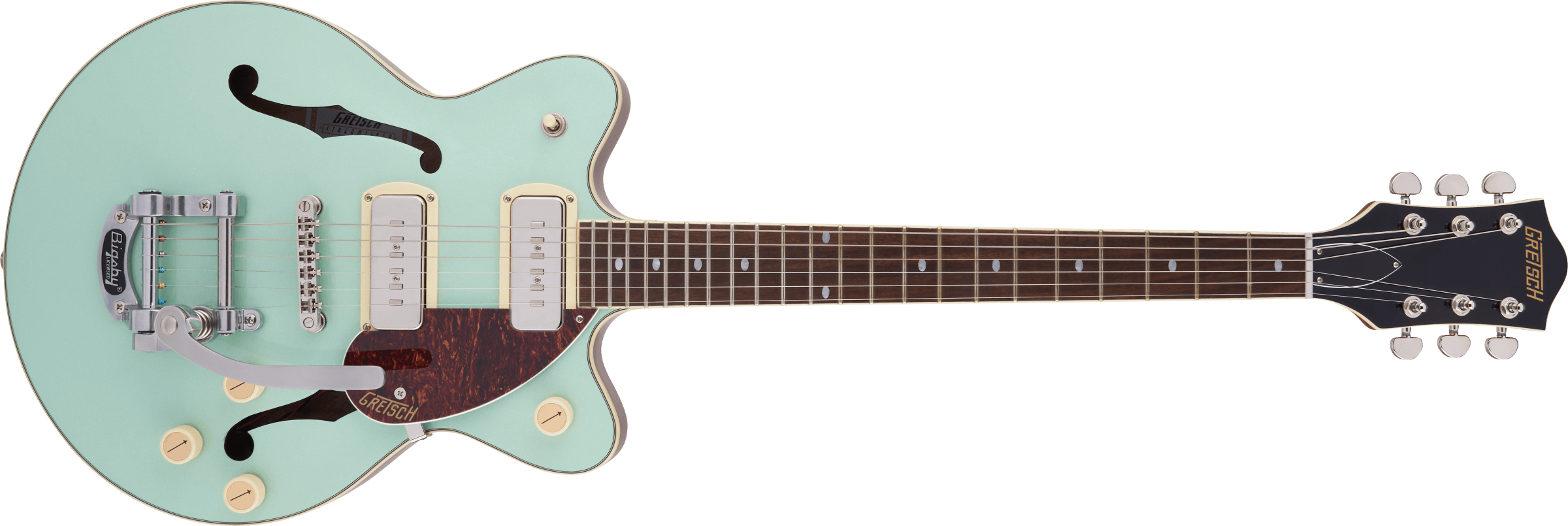 G2655T-P90 Streamliner™ Center Block Jr. Double-Cut P90 with Bigsby®, Laurel Fingerboard, Two-Tone Mint Metallic and Vintage Mahogany Stain