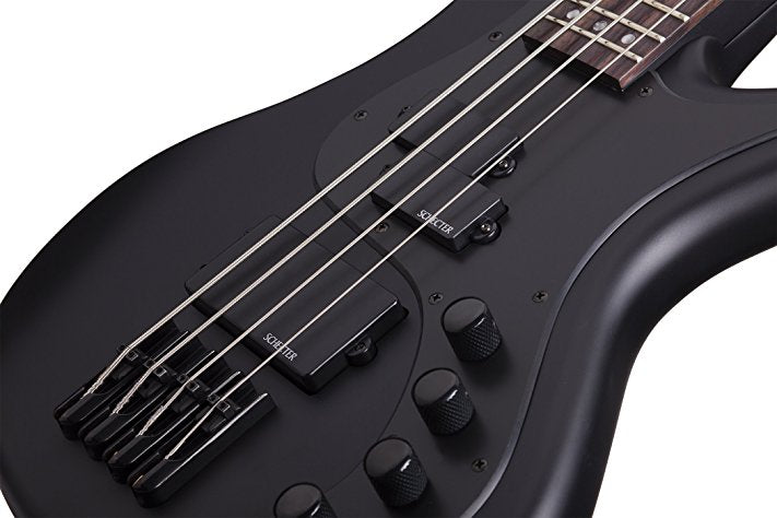 Schecter STILETTO-STEALTH-4-SBK Satin Black 4 String Bass w Diamond P and SuperRock MM 2522-SHC