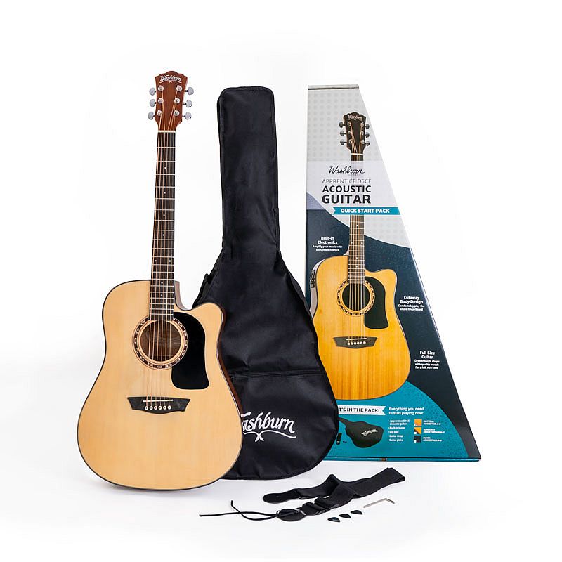 Washburn Spruce Top Acoustic Guitar Pack With Case, Black AD5CEBPACK-A