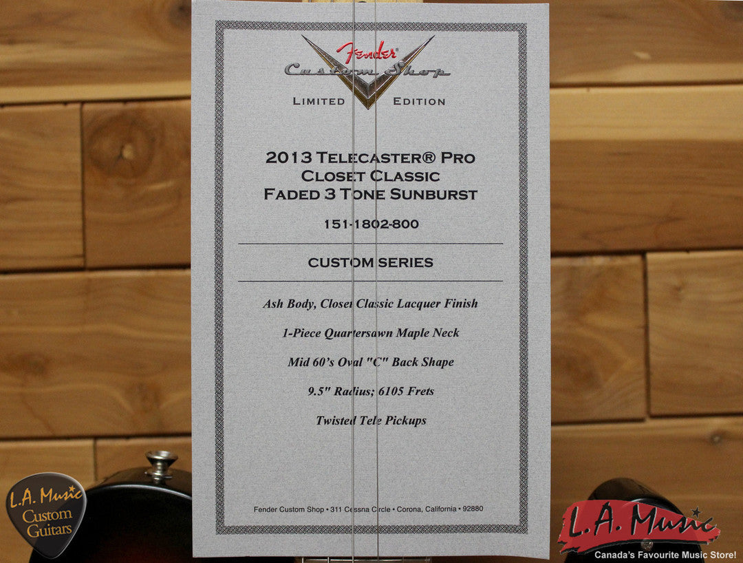 Fender Custom Shop 2013 Closet Classic Telecaster Pro 3-Color Sunburst Maple Neck 1501802800 - L.A. Music - Canada's Favourite Music Store!