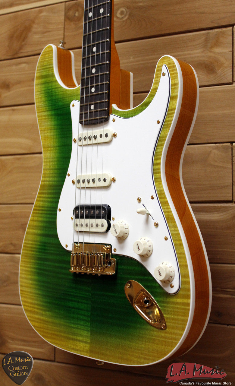 Fender Custom Shop Slab Body Stratocaster HSS Double Band Okume Flame Maple Lime Green Burst 9231006854 - L.A. Music - Canada's Favourite Music Store!