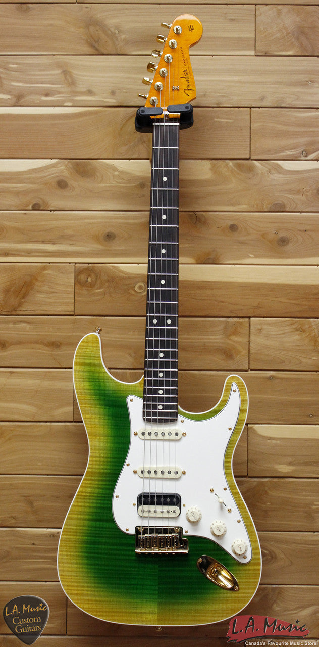 Fender Custom Shop Slab Body Stratocaster HSS Double Band Okume Flame Maple Lime Green Burst 9231006854 - L.A. Music - Canada's Favourite Music Store!