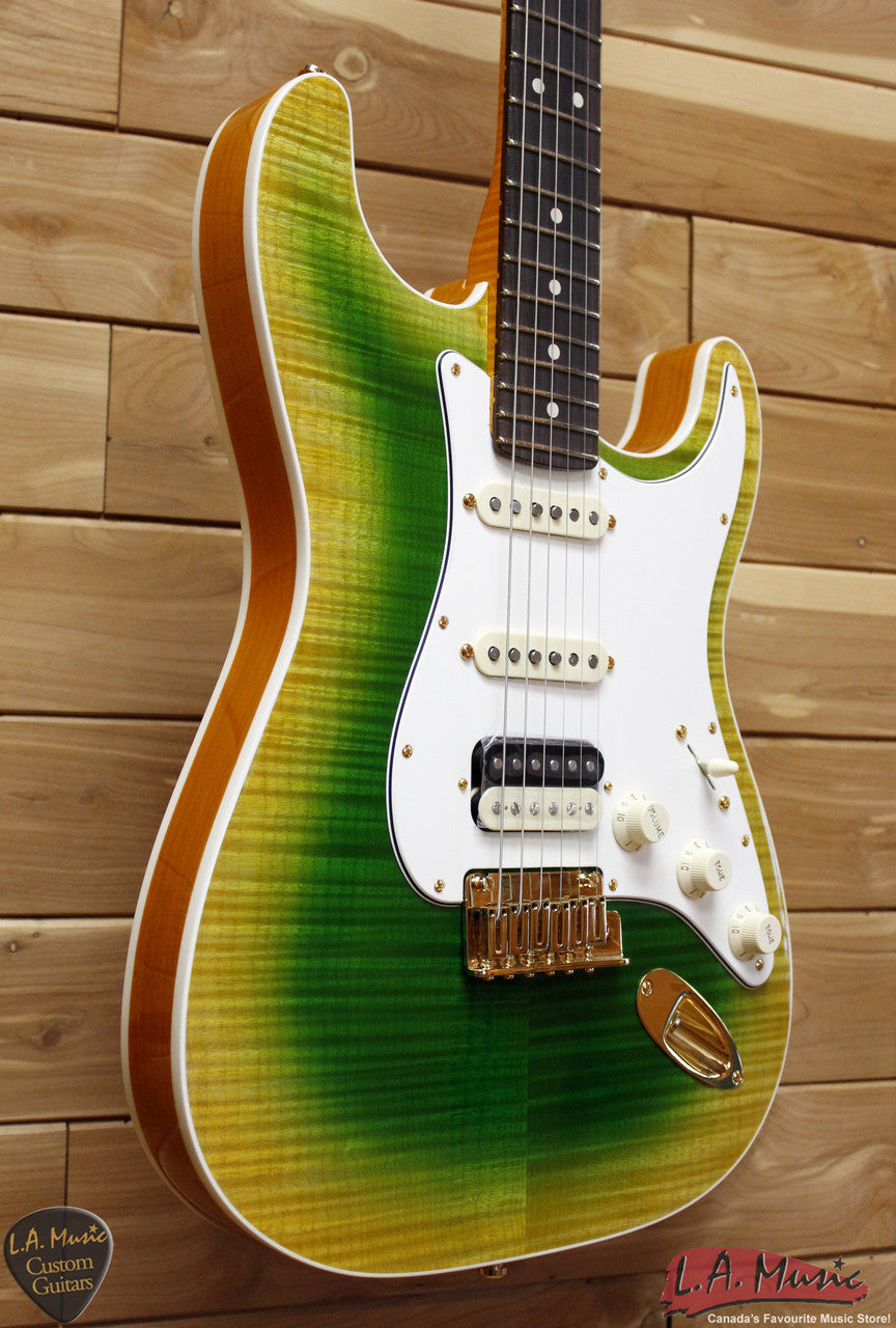 Fender Custom Shop Slab Body Stratocaster HSS Double Band Okume Flame Maple Lime Green Burst 9231006854 - L.A. Music - Canada's Favourite Music Store!