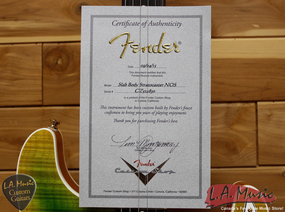 Fender Custom Shop Slab Body Stratocaster HSS Double Band Okume Flame Maple Lime Green Burst 9231006854 - L.A. Music - Canada's Favourite Music Store!
