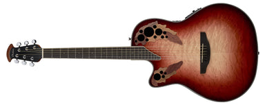 Ovation Celebrity Elite Exotic Left Handed Acoustic / Electric Guitar, Quilt Maple Ruby Red / Natural Burst CE44LX-1R