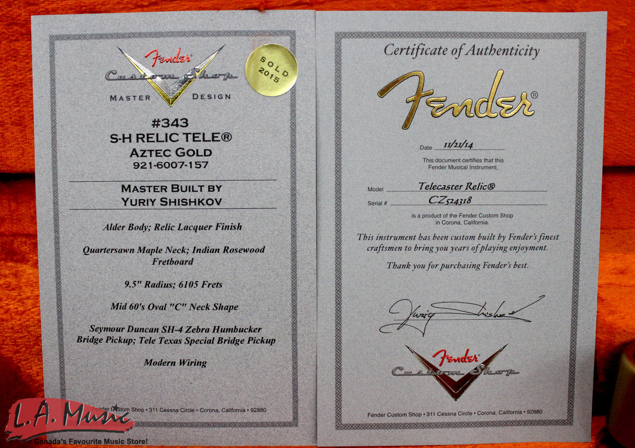 Fender Custom Shop #343 Master Built Yuriy Shishkov S-H Relic Telecaster Aztec Gold 9216007157 - L.A. Music - Canada's Favourite Music Store!