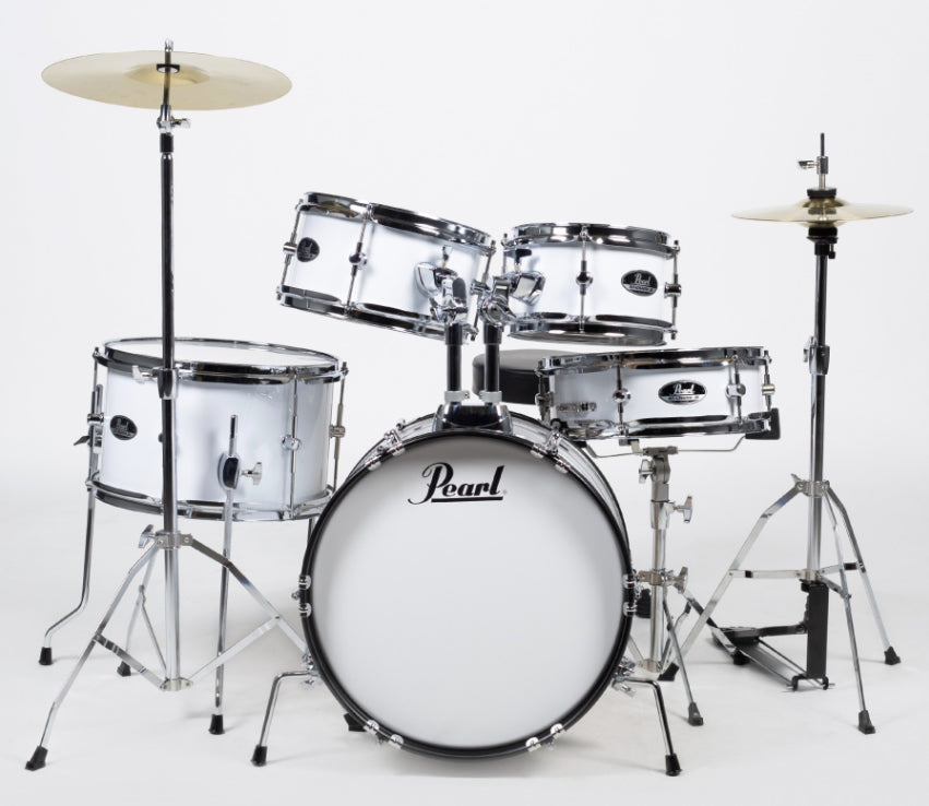 Pearl Junior 5-Piece Drum Set w/ 16" Bass Drum, Hardware & Cymbals, Pure White Item ID: Pearl Junior 5-Piece Drum Set w/ 16" Bass Drum, Hardware & Cymbals, Pure White RSJ465CC33